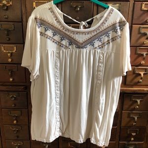 Knox Rose Cream & Blue Boho Peasant Top XXL